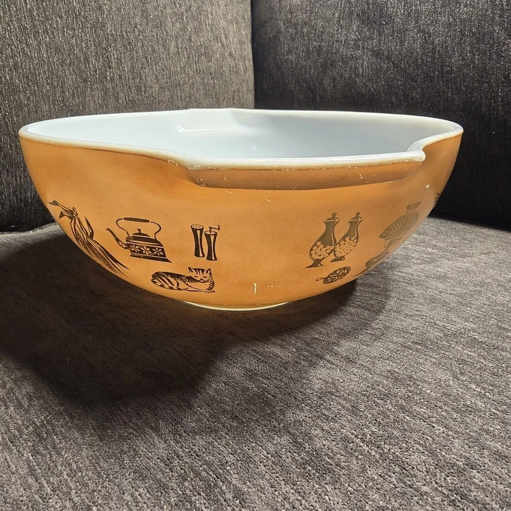 Vintage Pyrex 4 Qt Mixing Bowl Cinderella Brown Gold Rooster‎ Early Americana
